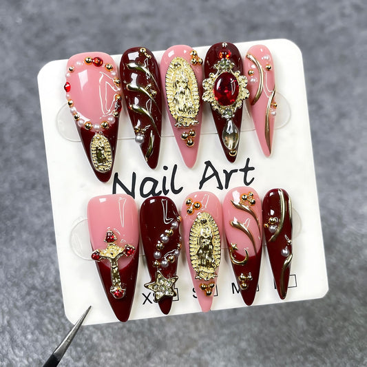 Handmade Press On Nails Almond Gold Homemade Press On Nails French Tip With 3D Design Fake Nail Art For Women M