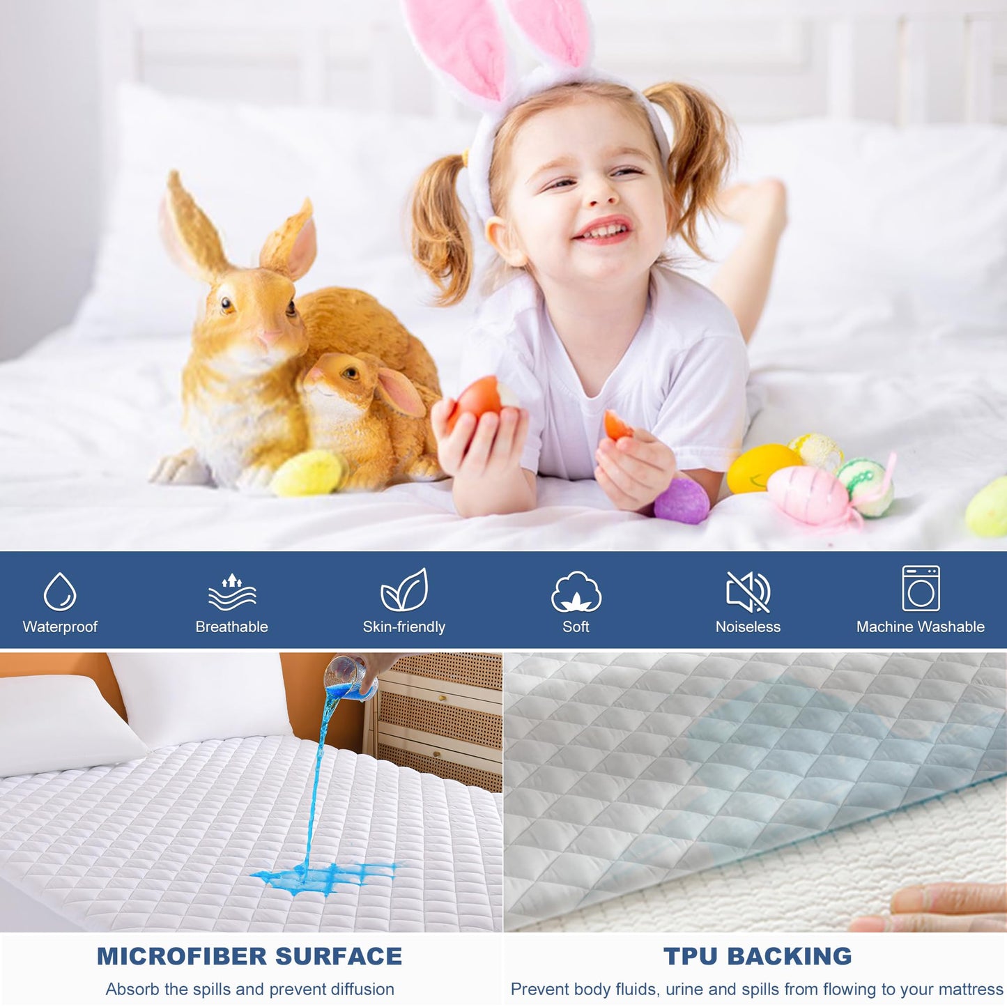 GRT Waterproof Mattress Pad Full, 100% Waterproof Quilted Fitted Mattress Protector, Noiseless Hollow Cotton Mattress Cover, Fitted 8"-19" Deep, Dust Proof
