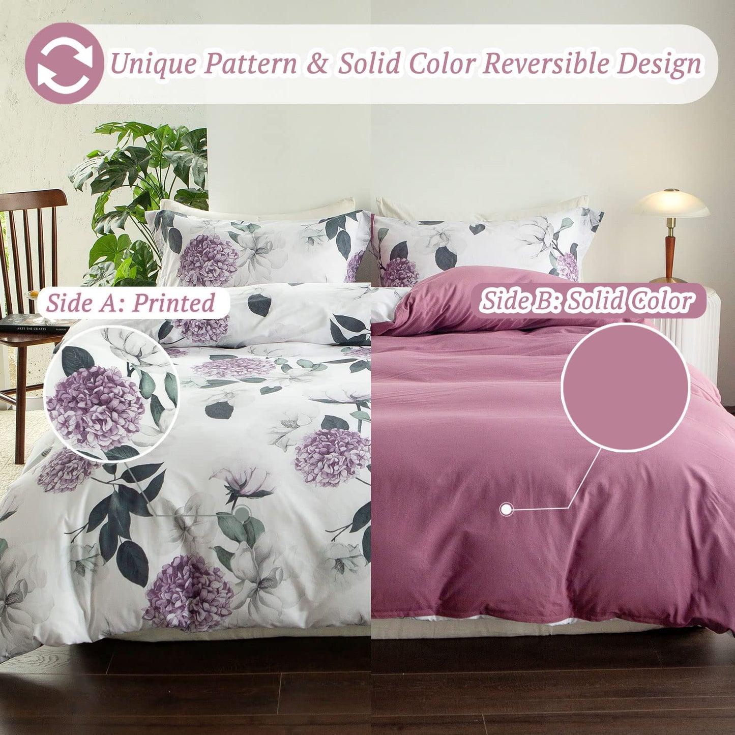 MILDLY 100% Washed Cotton Duvet Cover - Hydrangea Floral Comforter Cover Set Botanical Flower Pattern Bedding Set with Zipper Closure