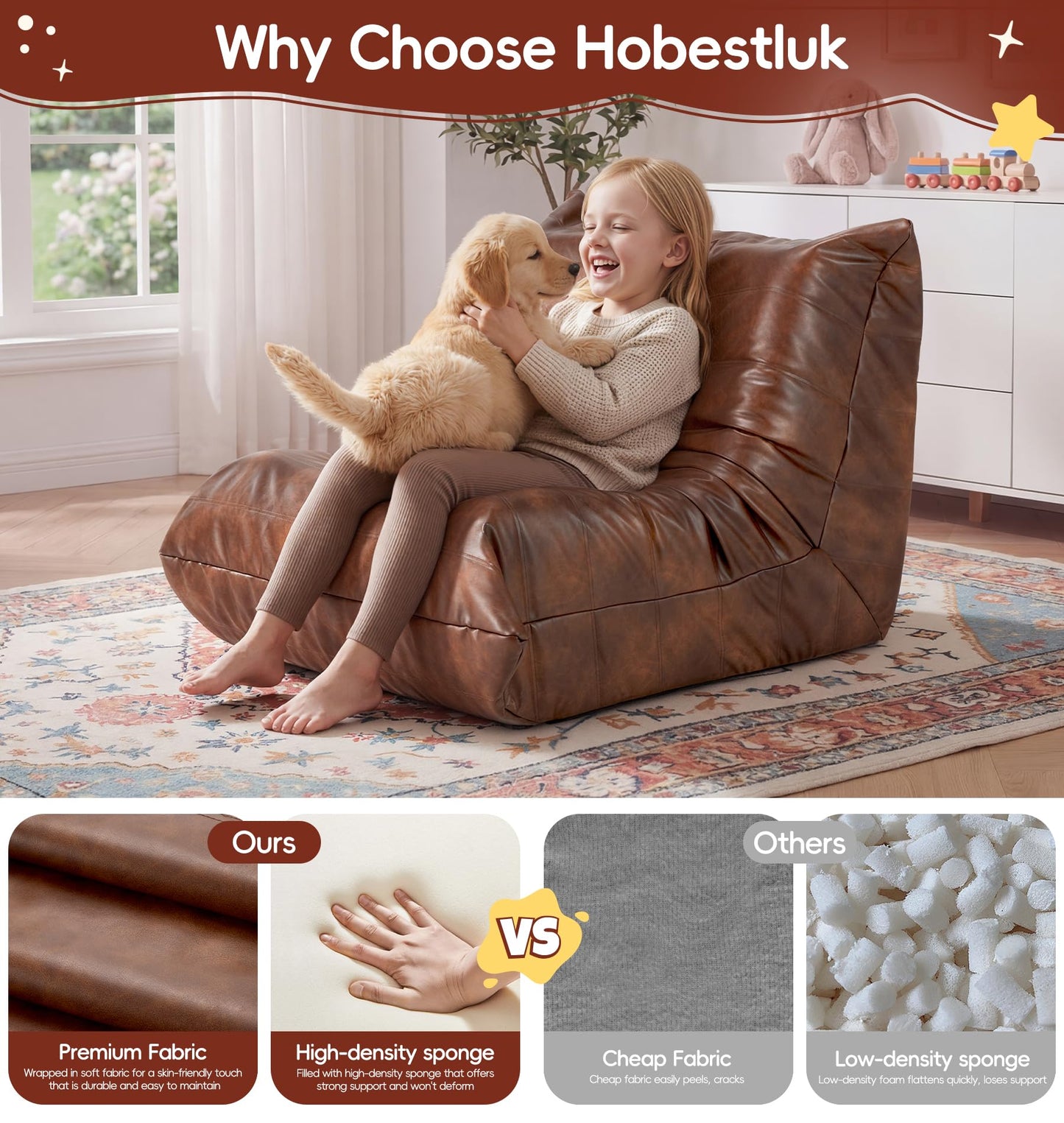 Hobestluk Bean Bag Chair for Kids Toddler Bean Bag Chair with Memory Foam Filler Leather Beanbag with Spacious Design Bean Bag Couch for Reading Gaming Relaxing (Brown, Small)