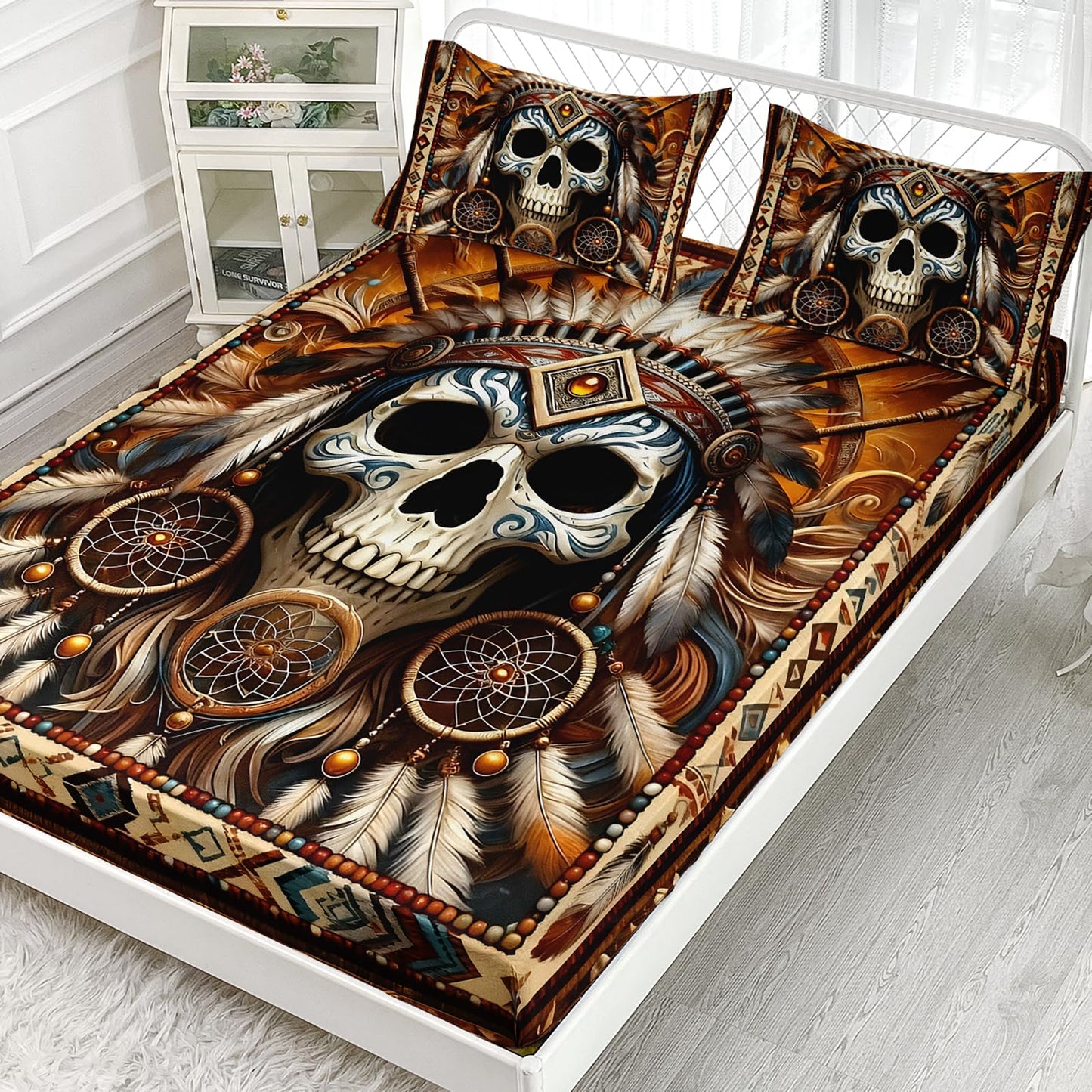AILONEN Goth Skull Fitted Sheet Set Queen Size,Native American Bedding Set for Room Decor,Ethnic Feather Print Bed Sheets with 2 Pillowcases,3Pcs