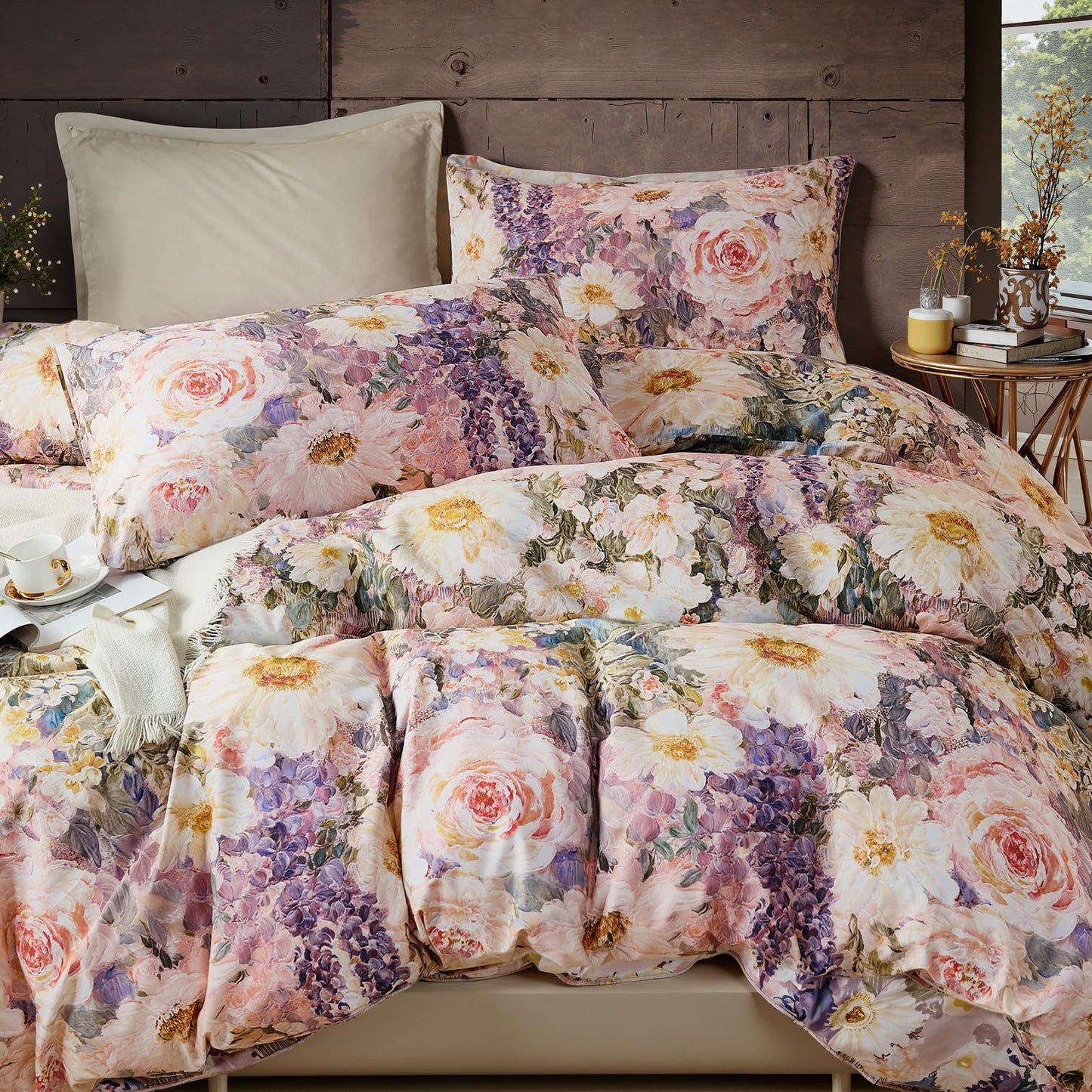 Cozaline 100% Cotton Duvet Cover King Size – Romantic Garden Impressionist Floral Duvet Cover Set with Zipper Closure, 3-Piece Luxury & Soft Bedding Set for All Seasons