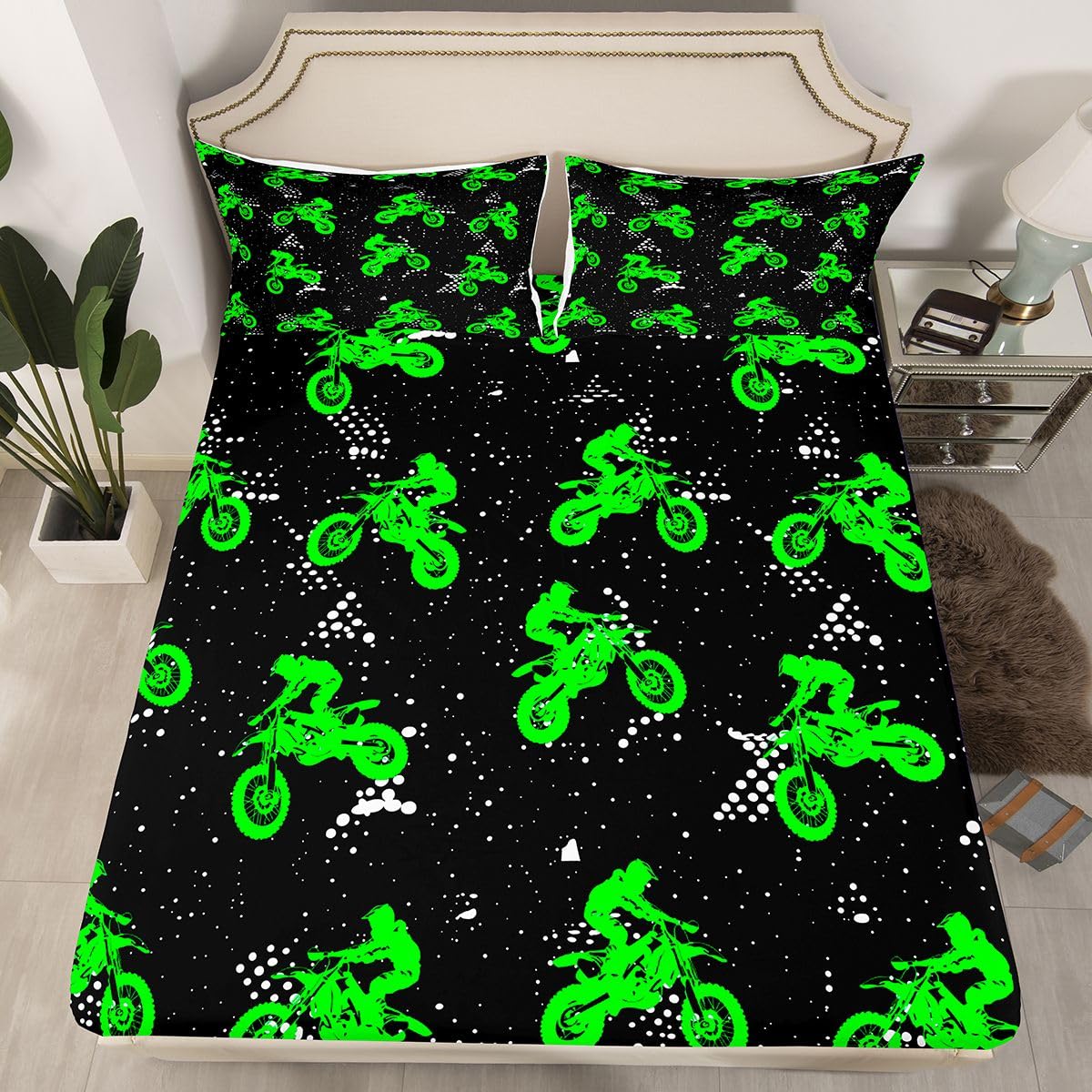 Feelyou Boys Dirt Bike Bedding Sheets Cool Sports Bed Sheet Set for Kids Boys Motocross Rider Bedding Fitted Sheet Fluorescent Green Bike Bed Cover 1 Bed Sheet Set with 2 Pillowcases Full Size