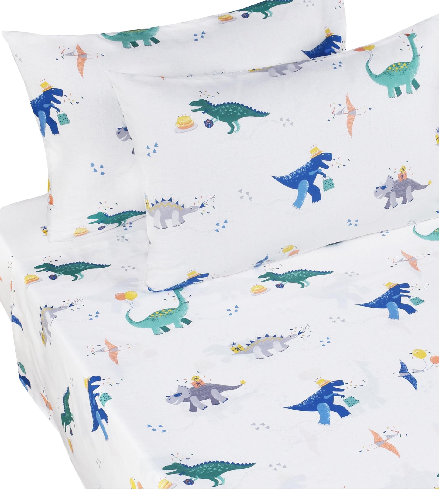 J-pinno Dinosaur Balloon Cake Gift Happy Birthday Party Full Sheet Set Boys Girls Bedroom Decoration Gift, 100% Cotton, Flat Sheet + Fitted Sheet + Pillowcase Bedding Set