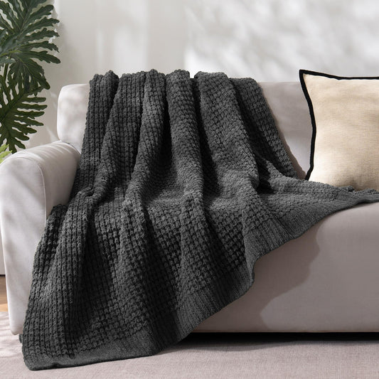 PHF Chenille Waffle Knit Throw Blanket- Plush Warm & Cozy 50" x 60" Ultra Soft Blanket- Chunky Fluffy Waffle Throws for Couch Bed Sofa - Charcoal Grey