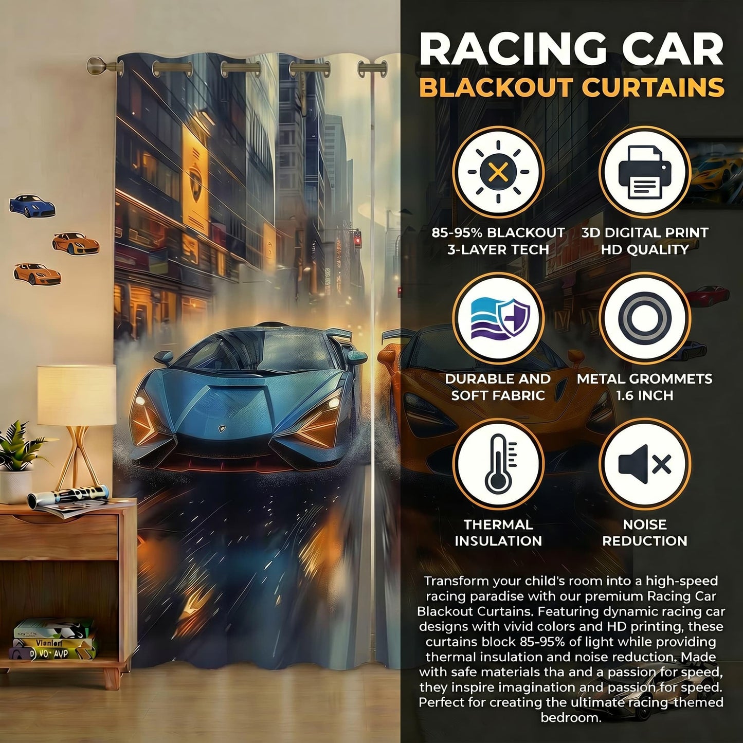 terxgrl Race Car Blackout Curtains for Boys Room, Racing Sports Car Window Drapes for Kids Bedroom, Blue Orange Supercar Darkening Curtains for Teen Gamer Room, 42 x 45 Inch