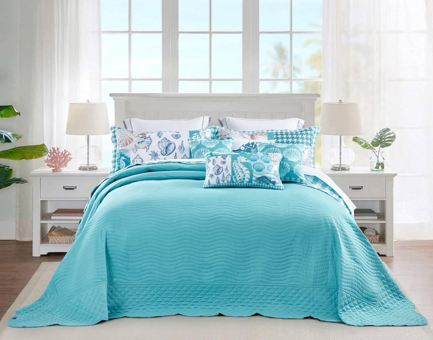 HZ & HY Coastal Oversized King Bedspread 128x120 Extra Wide, Reversible Beach Pattern Quilt Set King/Cal King, Lightweight Coverlet, Scalloped Edge - Nautical Coastal Look, 6 Piece, Seahorse