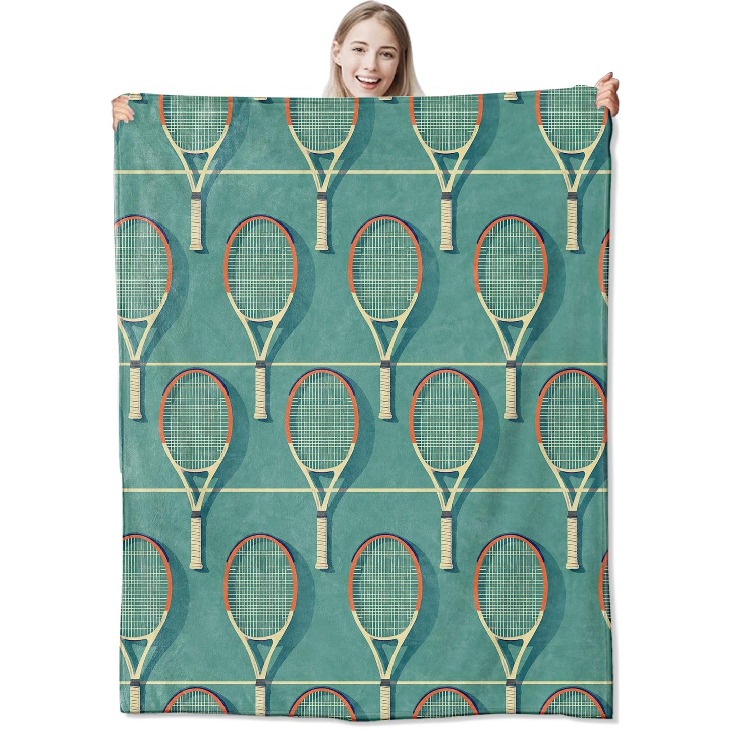 CUEBOS Tennis Flannel Throw Blanket 50x60 Inch, Retro Ball Racket Sport on Green Court Background Blankets Soft Cozy Fleece Throws for Athletic Lover Bed Sofa Dorm Living Room Home Decor Gifts