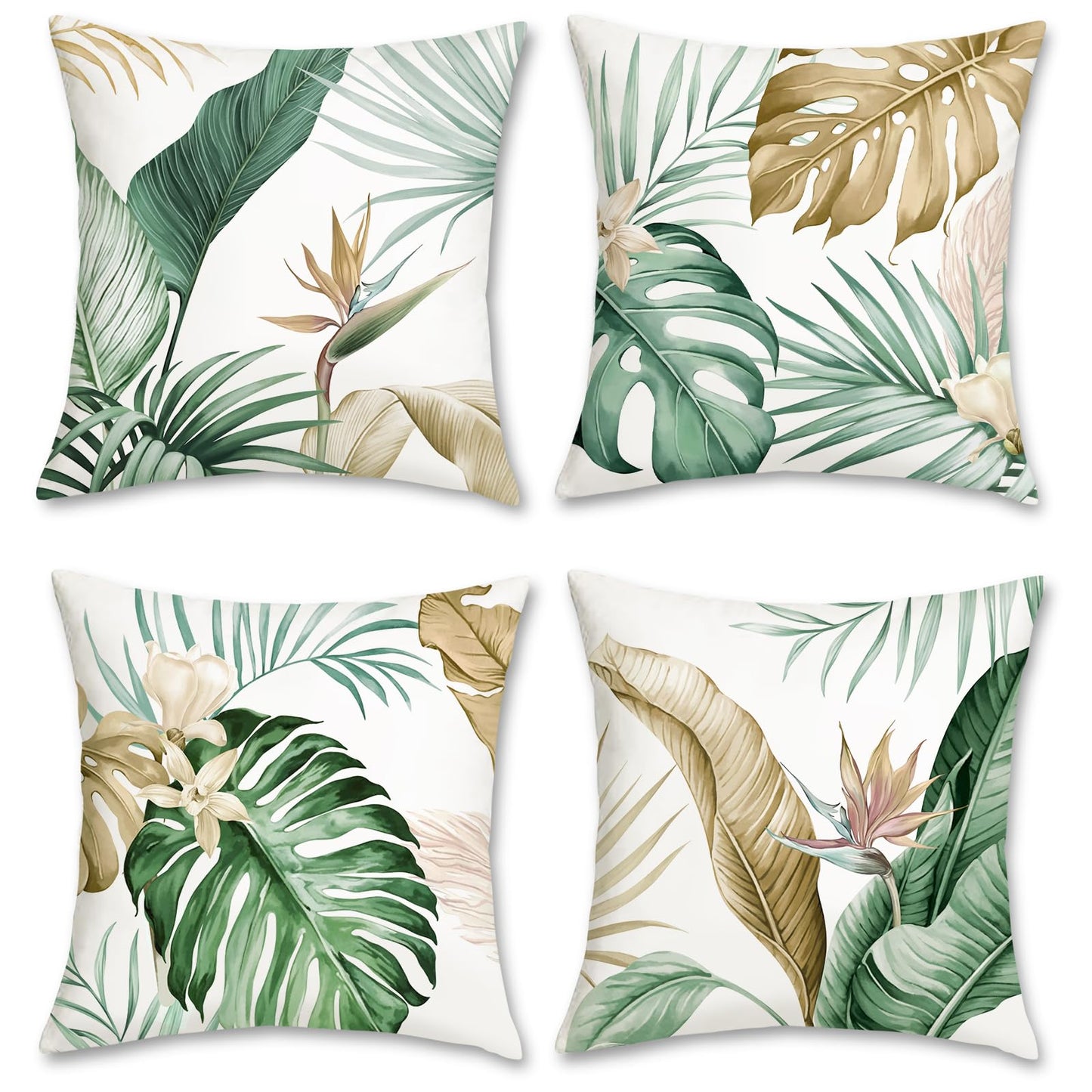 Bonhause Tropical Leaves Throw Pillow Covers 18 x 18 Inch Green Brown Leaf Summer Decorative Pillow Cases Soft Velvet Cushion Covers for Couch Sofa Bed Home Decor Set of 4