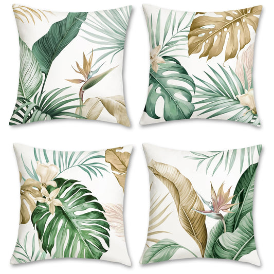Bonhause Tropical Leaves Throw Pillow Covers 18 x 18 Inch Green Brown Leaf Summer Decorative Pillow Cases Soft Velvet Cushion Covers for Couch Sofa Bed Home Decor Set of 4