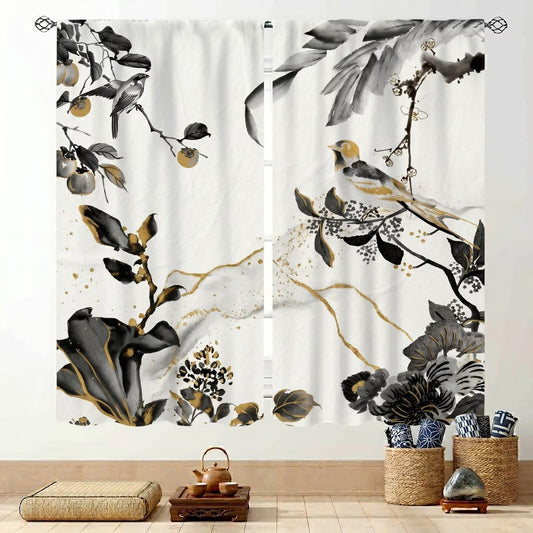 PHTAYOT Oriental Ink Art Decor Curtains,Vintage Bird and Floral Branch Asian Decor Rod Pocket Window Drapes for Study Room Bedroom,42x45 Inch,2 Panels
