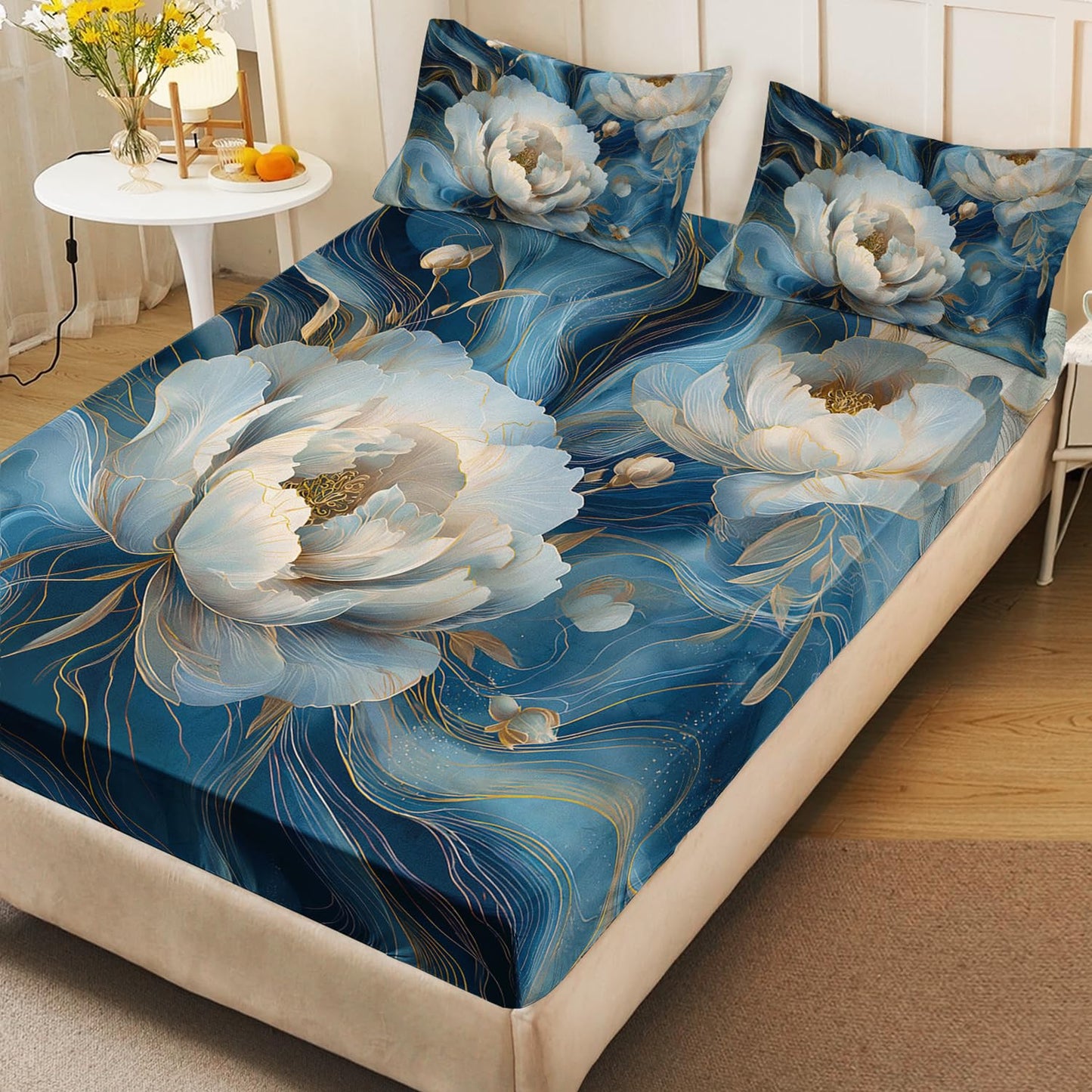 HOSIMA Floral Twin Bedding Sets for Women Girls Room Decor,Blue Golden Marble Grain Ink Fluid Art Fitted Sheet,White Flowers Pattern Lightweight Floral Bedding,1 Fitted Sheet+2 Pillowcases.