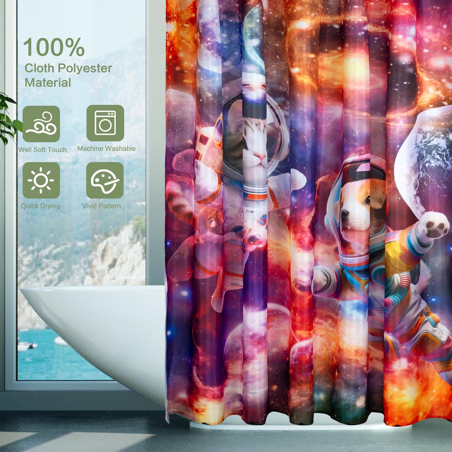 Lokigo Funny Cat Dog Shower Curtain, Cool Anime Cat and Dog Space Astronaut Universe Galaxy Shower Curtains for Bathroom Decor, Waterproof Polyester Modern ShowerCurtain with Hooks 72"x72"