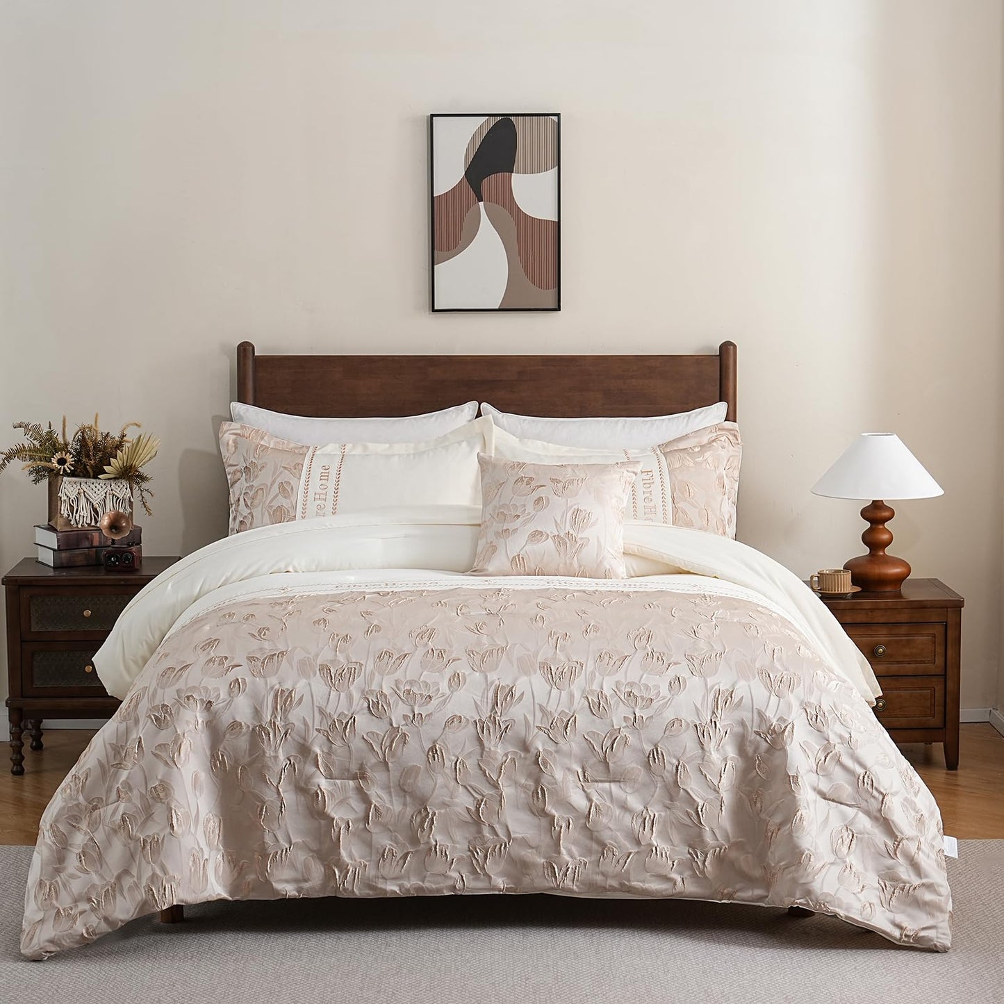 Queen Bed in a Bag 6-Pieces Jacquard Embroidery Splicing Design Tulip Flowers Bedding Set Beige and Champagne Comforter Set Durable and Super Soft Microfiber Comforter for All Season (fd002-Queen)