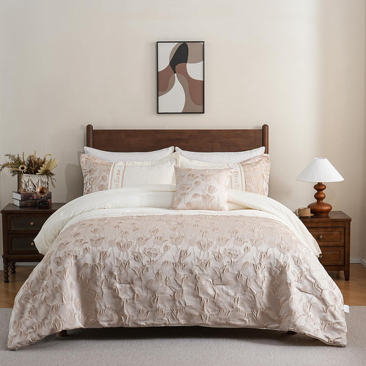Queen Bed in a Bag 6-Pieces Jacquard Embroidery Splicing Design Tulip Flowers Bedding Set Beige and Champagne Comforter Set Durable and Super Soft Microfiber Comforter for All Season (fd002-Queen)