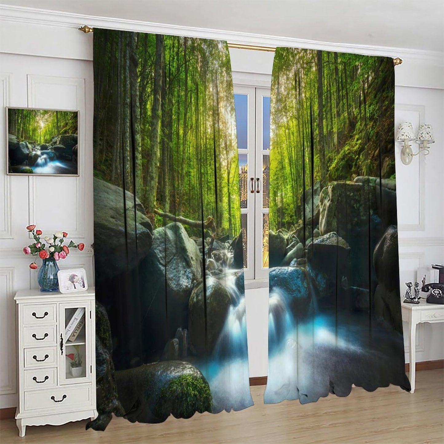 AuiMzoo Waterfall Forest Blackout Curtains Woodland Stream Forest Natural Scenery Bedroom, Living Room, Kitchen, Office Window Treatments42X45 Inch