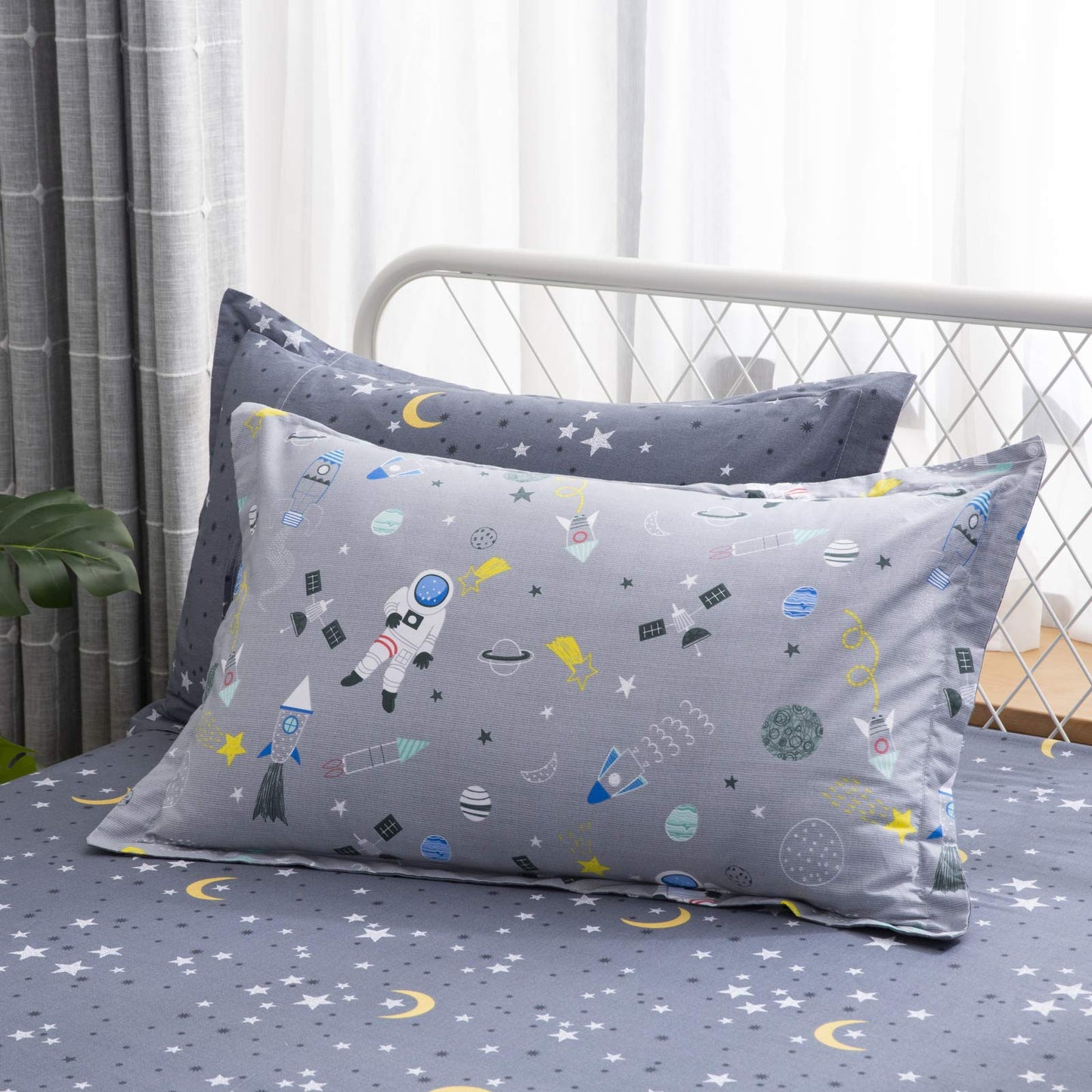 Brandream Kids Bedding Sets Full Size Astronaut Space Galaxy Boys Bed Sheet Set Deep Pockets Grey Bed Sheets Pillow Cases Set 100% Cotton 4-Piece