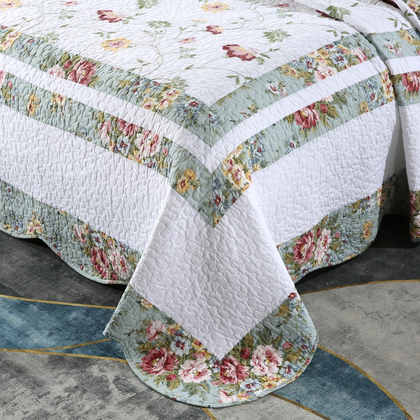 ROOMLIFE Quilt Set Queen Size 3D Floral Embroidery Pattern 3-Piece Cotton Reversible Quilted Embroidered Decorative Bedspreads Coverlet Bedding Set, Lightweight &Soft, All Season(104" X 90.5") Green