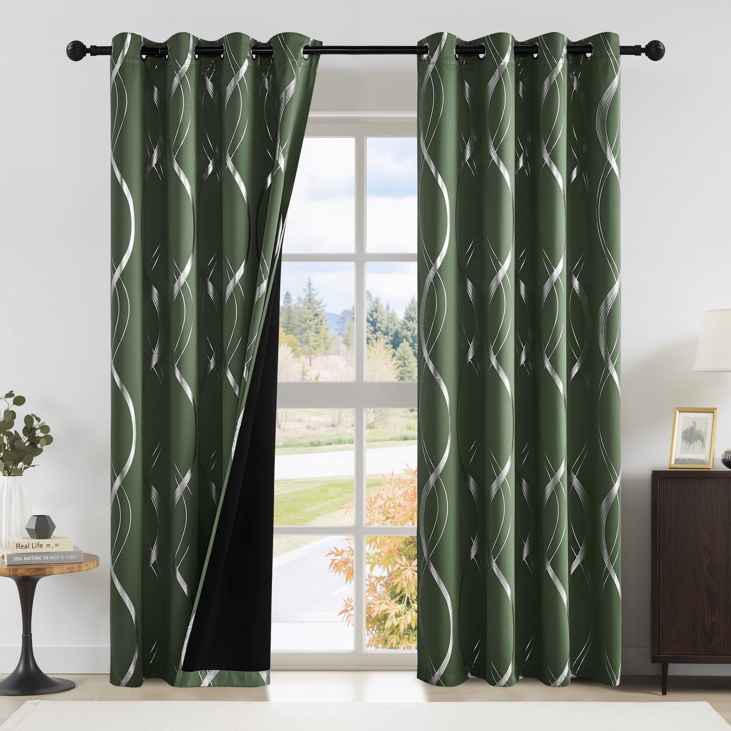 NICETOWN 100% Blackout Curtains 84 inch Length 2 Panels Set, Dark Mallard, 52" x 84", Noise Reducing Thermal Insulated Wave Line Foil Print Design Blackout Curtains for Hall Closet Villa Door