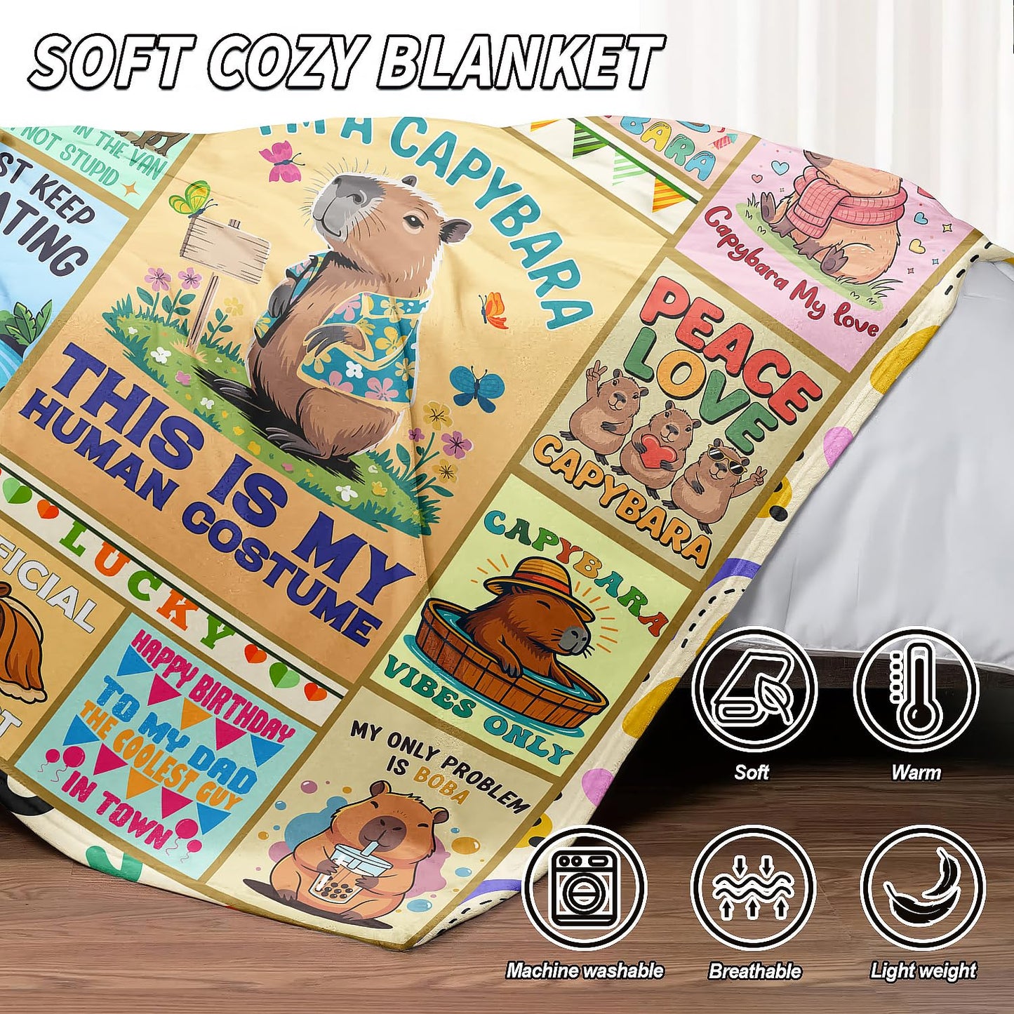XSMEI Capybara Throw Blanket, Funny Quotes Cartoon Design, Soft Cozy Fleece Blanket for Couch Bed, 60 x 80 Inches