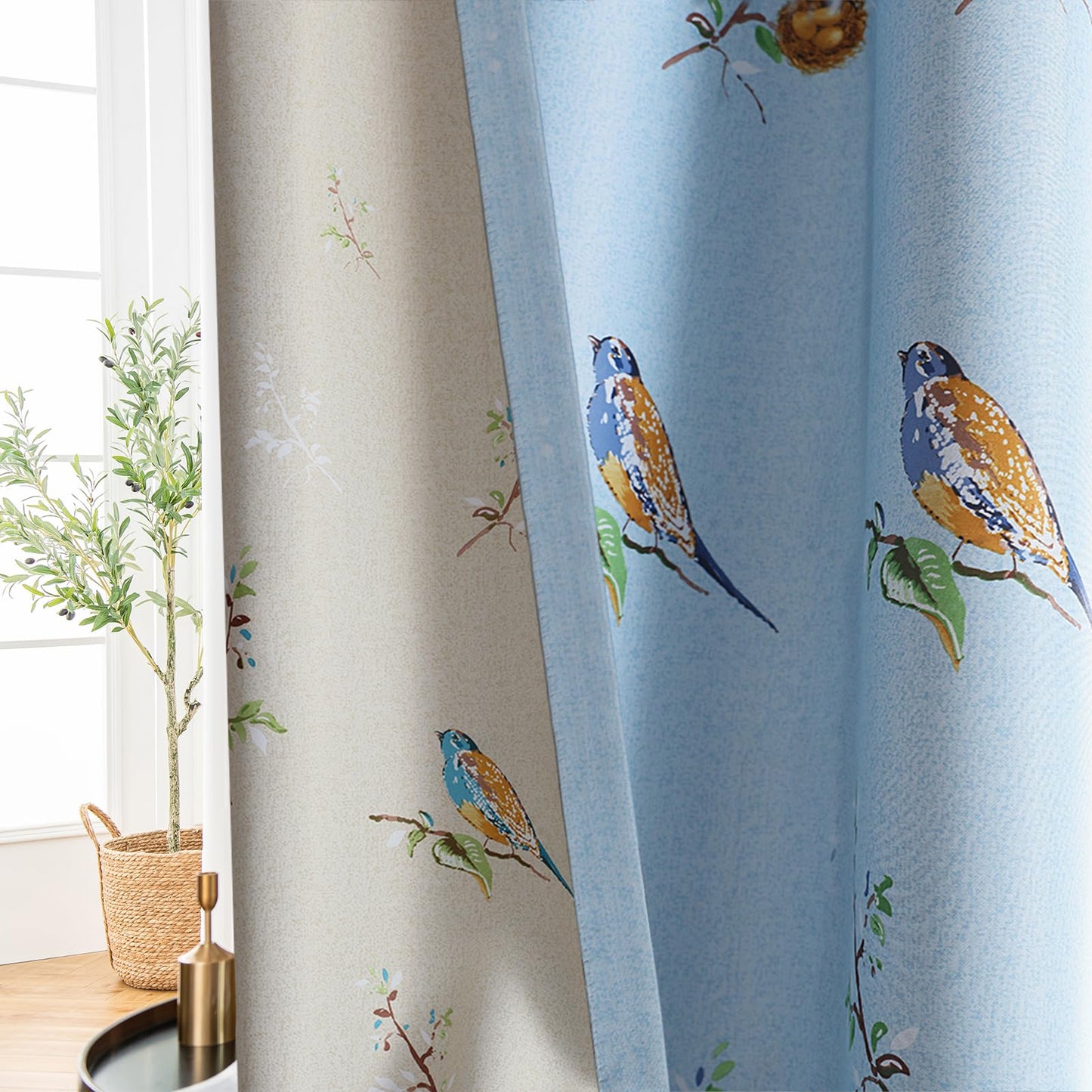 SUOUO Double Sided Patterned Birds Blackout Curtains 84 Inch 2 Panels Rustic Farmhouse Vintage Country Window Drapes for Bedroom Living Room Blue and Khaki