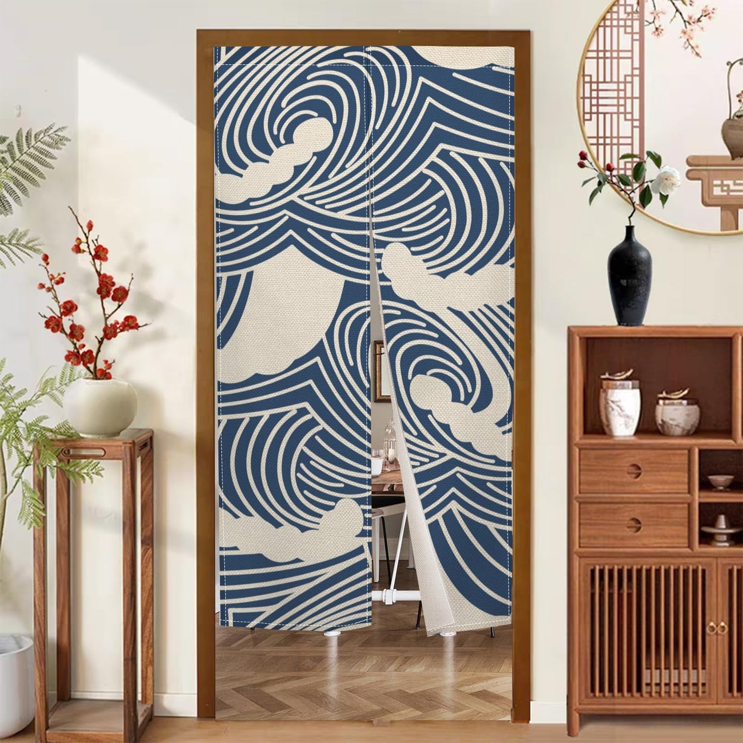 XMJJKUF Japanese Noren Doorway Curtain Traditional Japanese Wave Curtains for Livingroom Windows Doorway Tapestry Polyester Panel for Room Divider Kitchen Home Decorations,33.5"x 70.9"