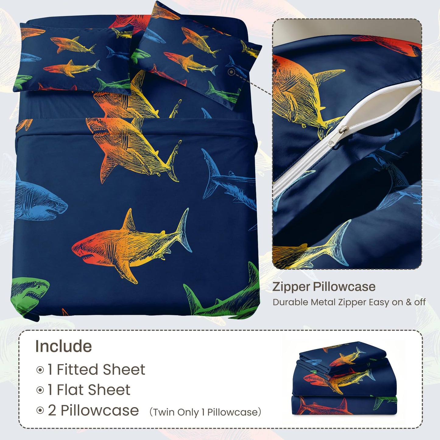 Shark Bedding Set 4 Pcs Marine Life King Sheets, Navy Blue