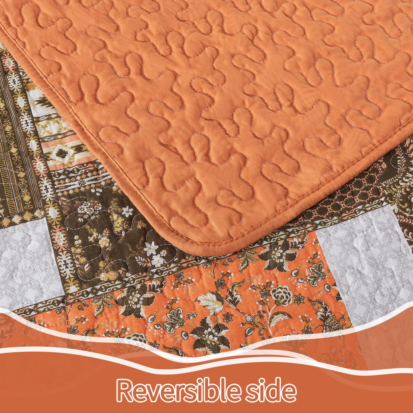 BEDIFANY Farmhouse Cotton Quilts Queen Size for Fall - Lightweight Patchwork Autumn Bedspread Set for Bed Coverlet - Highly-Woven Soft Reversible Bed Spread for All Seasons (Floral Orange) 3 Pieces