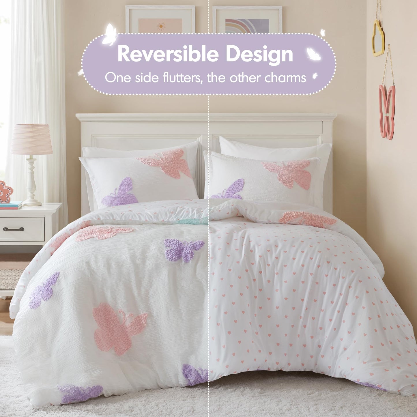 Intelligent Design Kids Rio Full/Queen Duvet Set – Girls’ Reversible Tufted Chenille Bedding with Pastel Purple Butterflies and Pink Dot, 3pcs