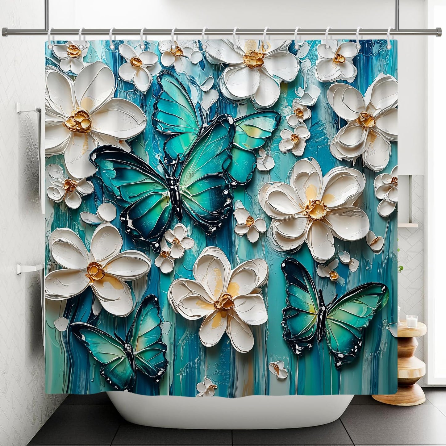 Pnylzzyxh Butterfly Shower Curtain Green Blue Oil Painting White Boho Flowers Bathroom Curtains Rustic Farmhouse Floral Washable Shower Curtain Sets 72x72 in with 12 Hooks