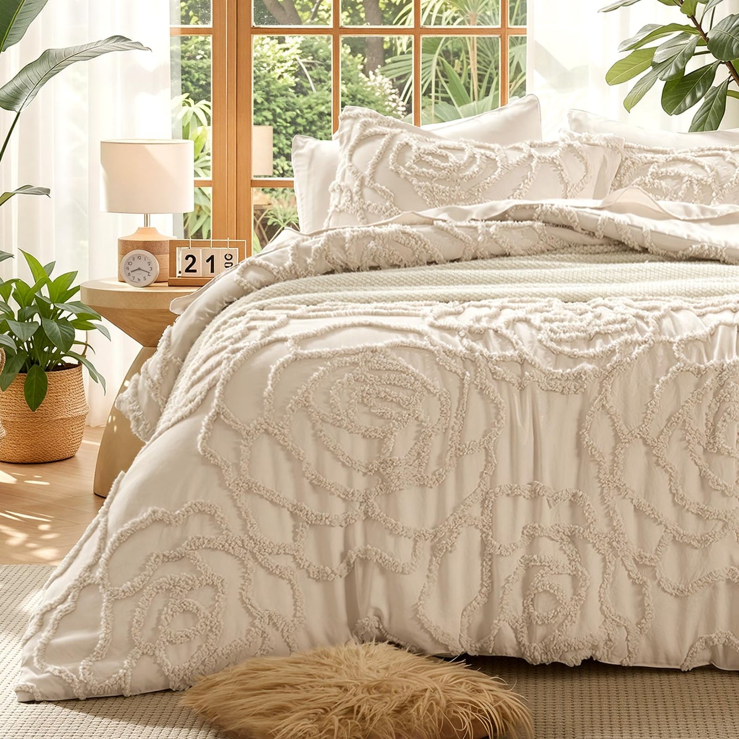 Wrenley Vale 7 Pieces Comforter Set Queen Khaki Tufted Rose Ultra Soft Fluffy Boho Tufted Comforter Set All Season Bed in a Bag Set Shabby Chic Farmhouse Rustic Style Bedding