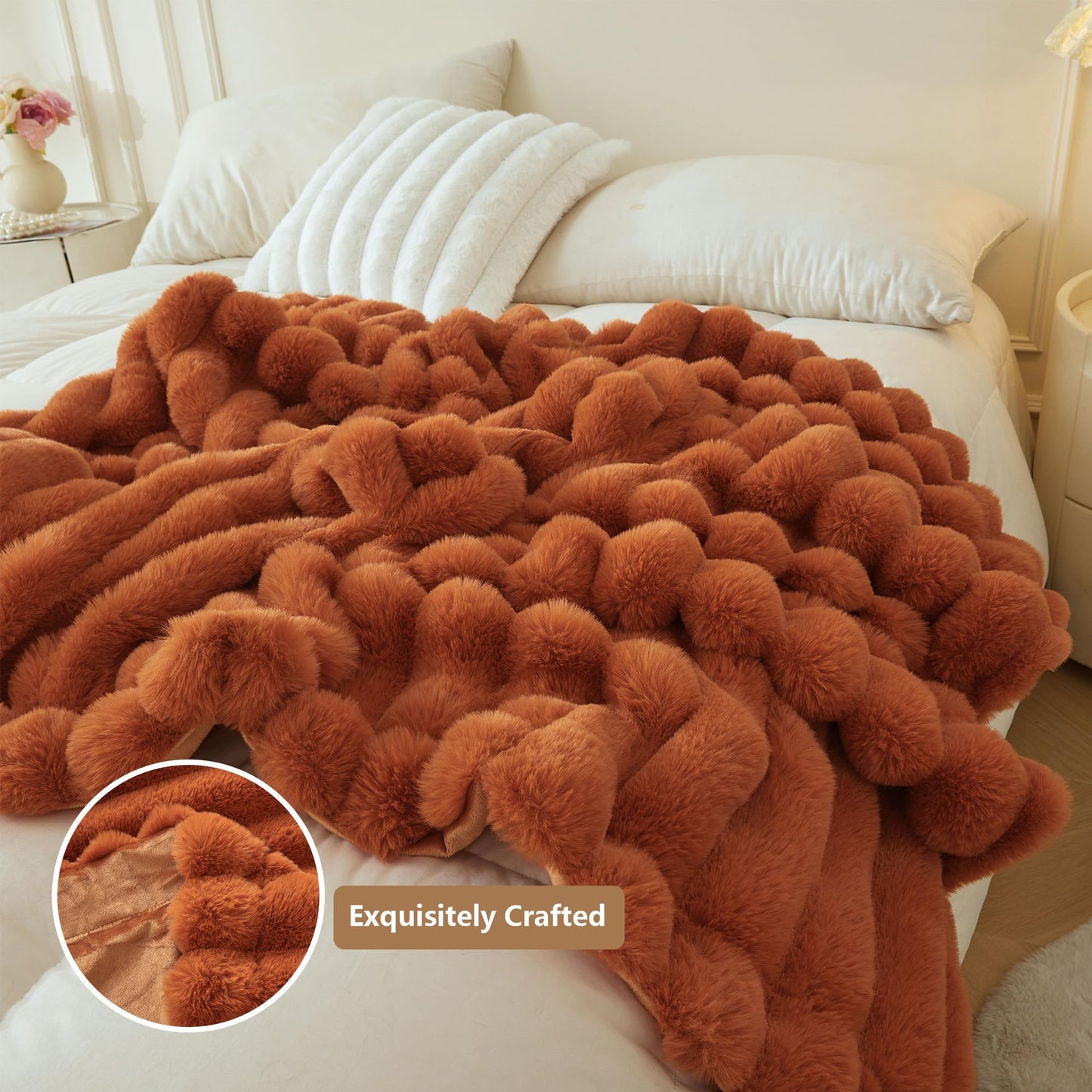 MEGO Fluffy Faux Rabbit Fur Throw, Luxury Stripe Plush Fuzzy Blanket for Bed Couch Sofa Chair, Decorative Shaggy Throw Bedroom Living Room, Furry Blanket Kids Girls Teens Adults, 50x60, Burnt Orange