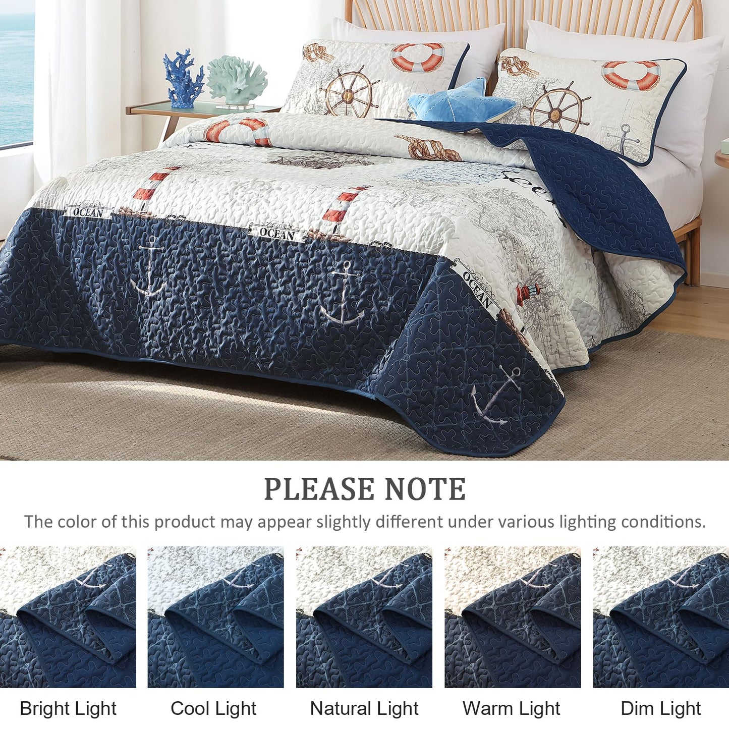 Djoymock Ocean King Size Quilt Set 3 Piece,Nautical Coastal Quilt Bedding Set with 2 Shams Soft Lightweight Beach Bedspread Coverlet Summer Reversible Microfiber Comforter Set for All Season, 104"x90"