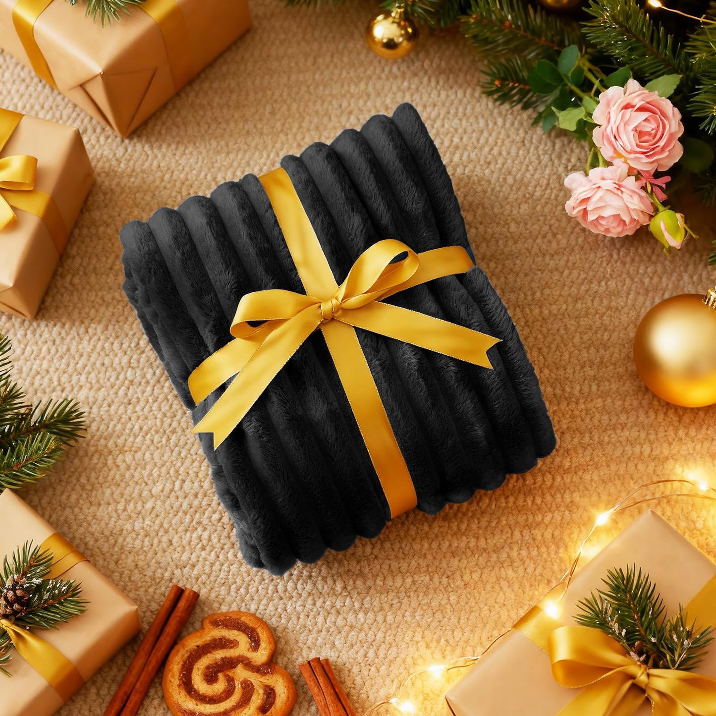 Nookly Black Fleece Throw Blanket for Couch, Soft Lightweight Ribbed Plush Blanket for Sofa and Bed, All-Season Cozy Striped Throw for Men 50x60 Inches