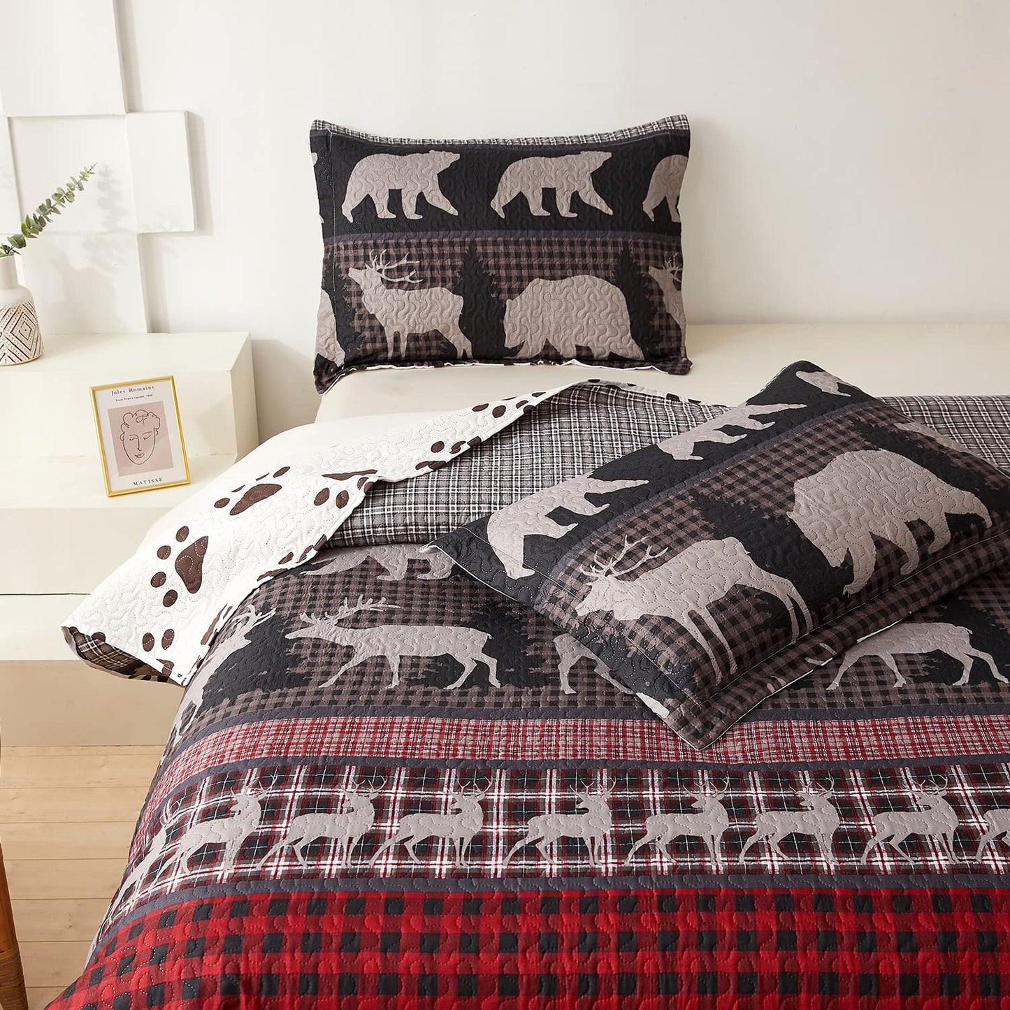 Queen Size Quilt Set Lodge Rustic Quilt Bedding Set Queen Size Bedspread Coverlet Lightweight Reversible Home Quilt Red Black Buffalo Plaid Quilt Bed Spread Country Cabin Forest Moose Bear Bedding