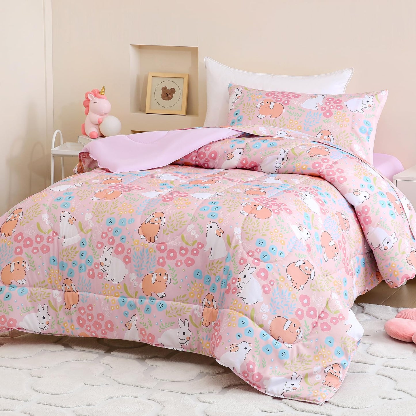 Homilay Toddler Size Light Pink Comforter Set for Kids, Toddler, Boys&Girls, 4 Pieces Bed-in-a-Bag Bedding Set, All Season Ultra Soft Oeko TEX Sheets Set with Comforter, (Cute Rabbit)