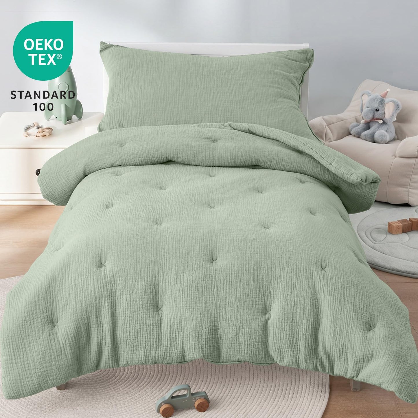 PHF Cotton Muslin Toddler Bedding Set, Soft 3 Piece Toddler Comforter Kids Bed Set, Green Bedding Set for Boys