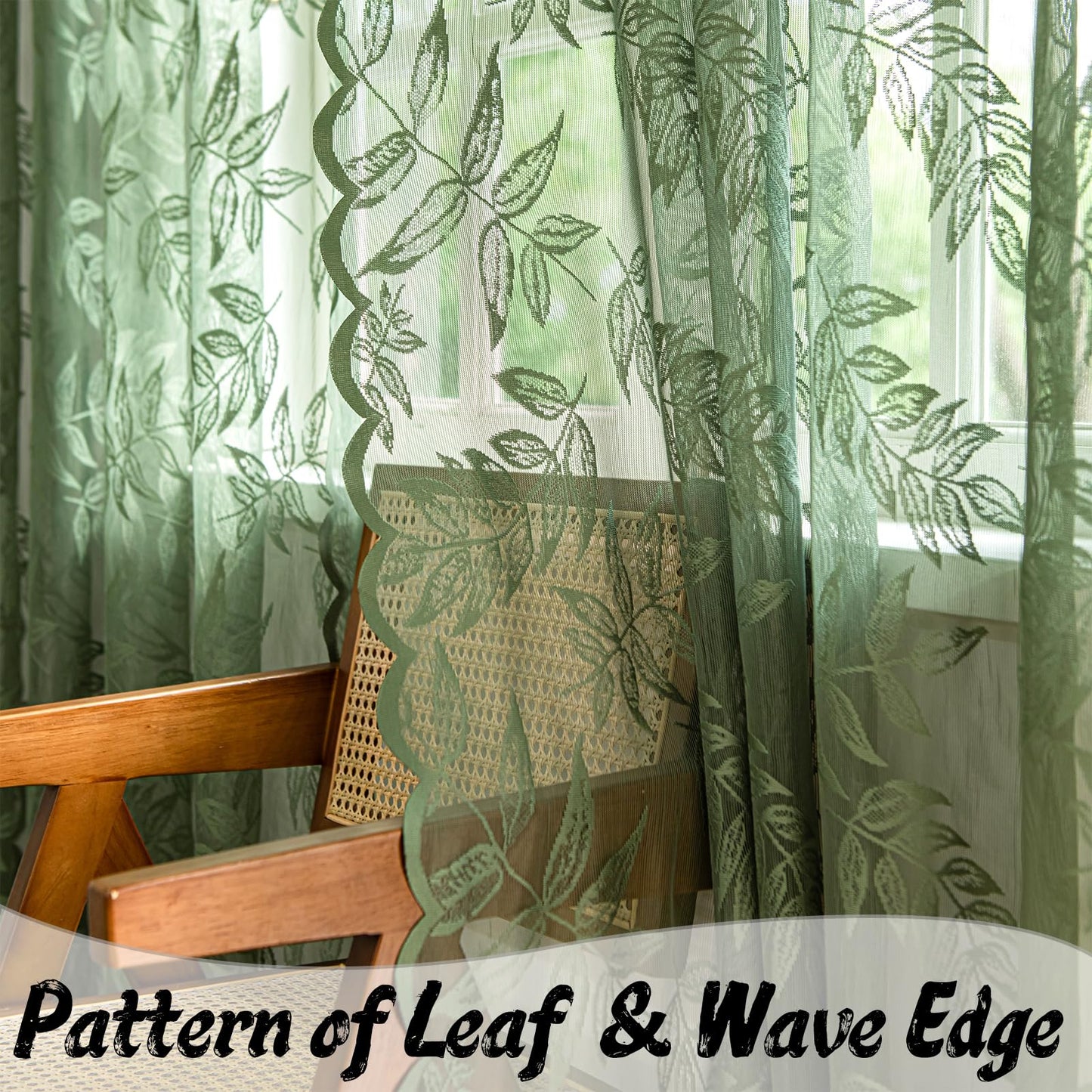 Sutuo Home Olive Green Lace Curtains 84 Inches Long for Bedroom Living Room, Leaf Embroidery Window Sheer Drapes Pair, Rod Pocket Vintage Country Window Treatments Set of 2 Panels, 57" W x 84" L