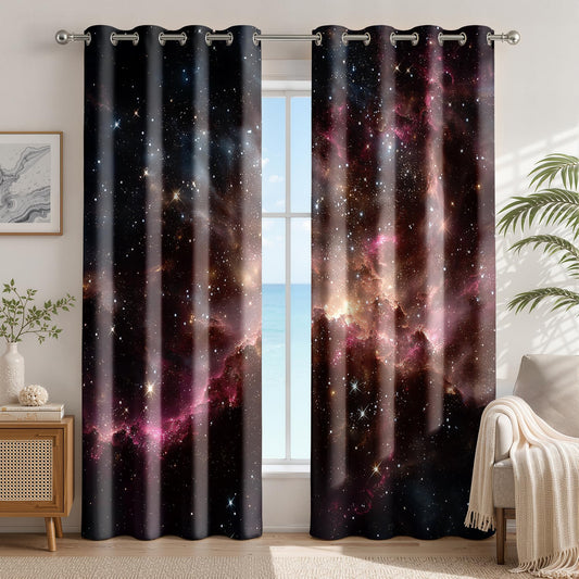 Galaxy Curtains 63 Inch Length 2 Panels Set, Colorful Nebula Starry Sky Stars Outer Space Patterned Blackout Curtains for Kitchen, Thermal Insulated Room Darkening Grommet Drapes