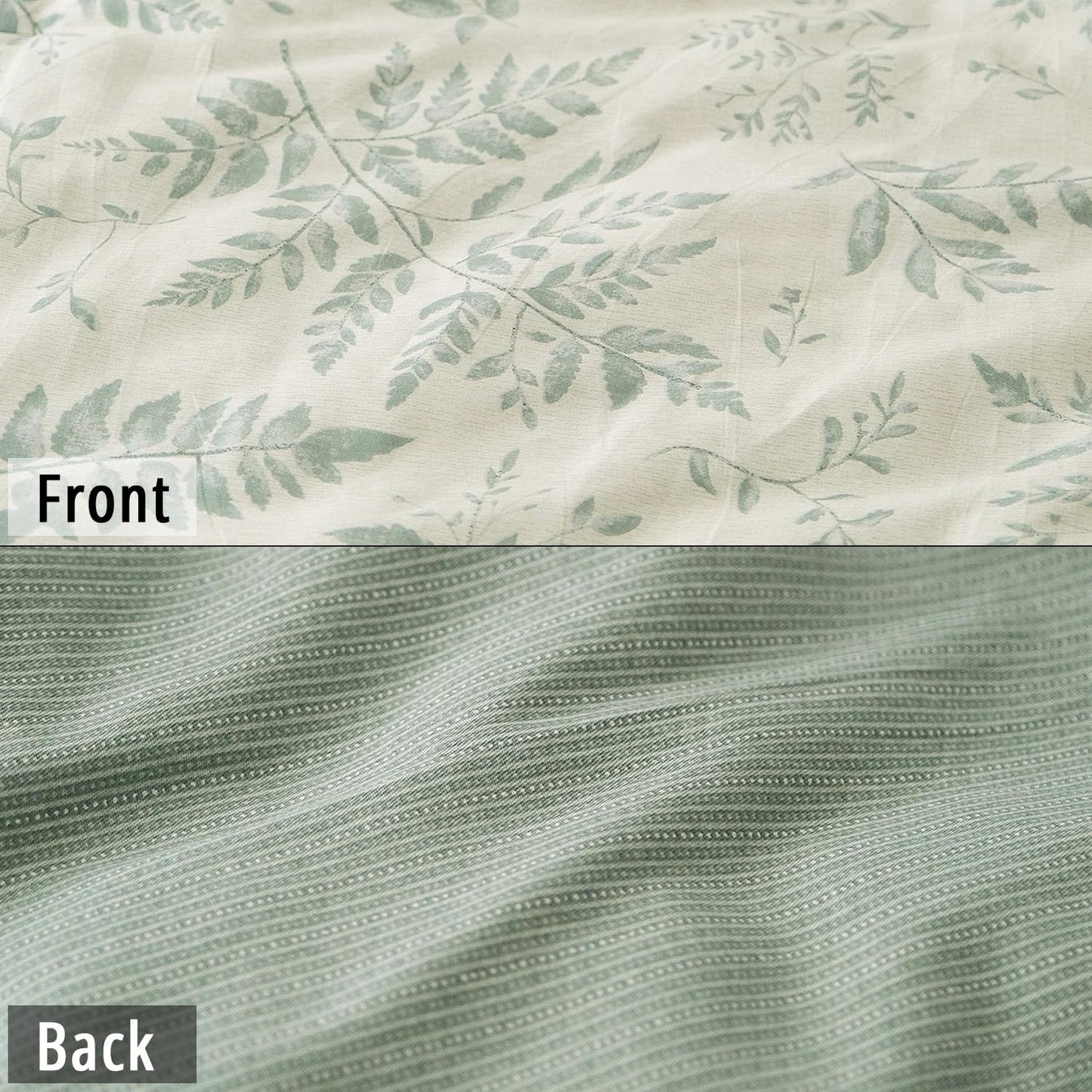 LEMIROE Botanical Cotton Comforter Queen Size - Dusty Green Comforter Printed with Luxurious Greyish-Green Ferns on Beige,Reversible Lightweight Bedding Sets 3Pcs(90"×90")