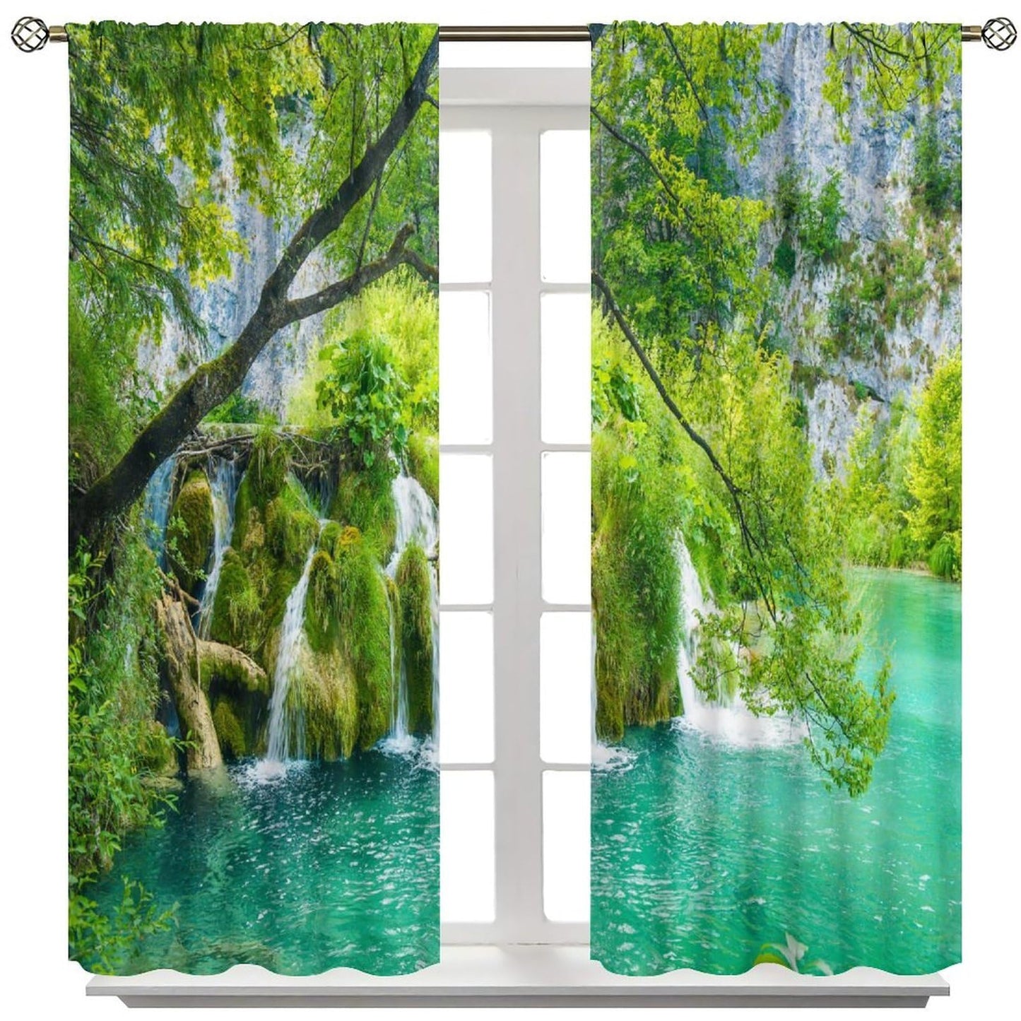 Nanacur Forest Waterfall Curtains, Nature Natural Scenery Rod Pocket Window Treatment for Living Bedroom Office Cafe Kitchen Drapes 41" W X 45" L (No Blackout)
