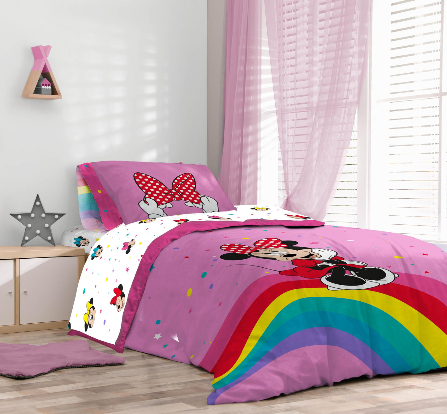 Sunny Side Up Disney Minnie Mouse Full Comforter Set - 7 Piece Kids Bedding Includes Comforter, Sheets & Pillow Cover - Super Soft Rainbow Dots Microfiber Bed Set