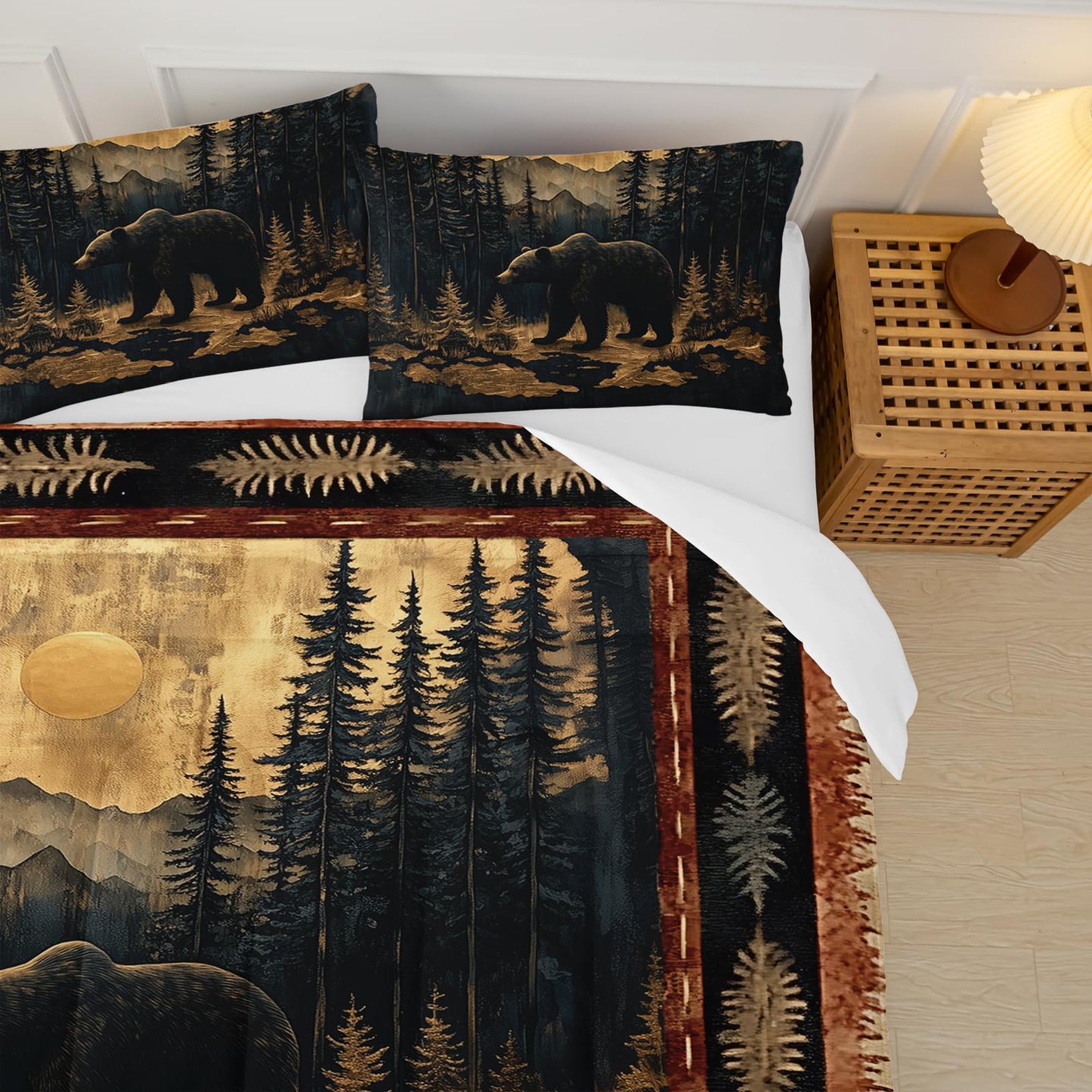 lneffble Black Bear Comforter Set Twin Size for Kids Boys,Rustic Comforter Set,Cabin Woodland Forest Animals Hunting Bedding Set,Soft Microfiber Wildlife Quilt Set