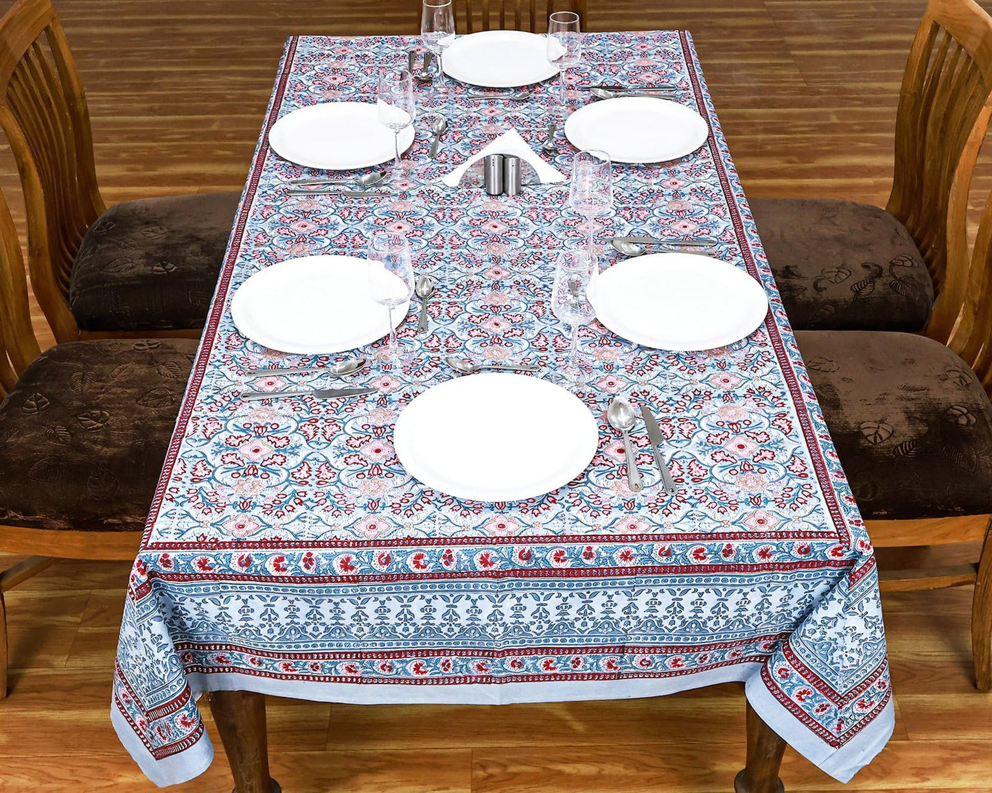 72x108 Inches Rectangle Hand Block Printed Cotton Tablecloth, Red Grey Floral Table Cloths Washable, Indian Table Linen for Outdoor Thanksgiving Gifts Home Decor Dinning Outdoor
