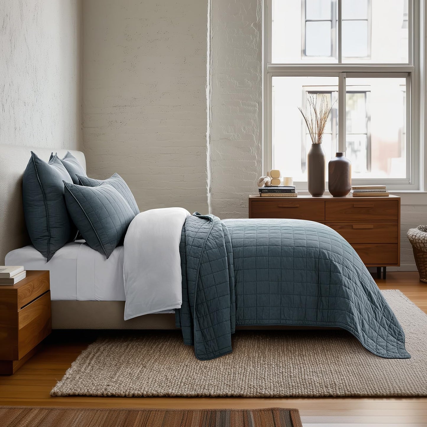 EVERGRACEHOME 100% Cotton Box Stitch Quilt Bedding Set Queen Size 3 Pieces, Garment-Washed Lightweight Soft Cozy Coverlet, Quilted Bedspread Sets with 2 Shams for All Season, Midnight Blue
