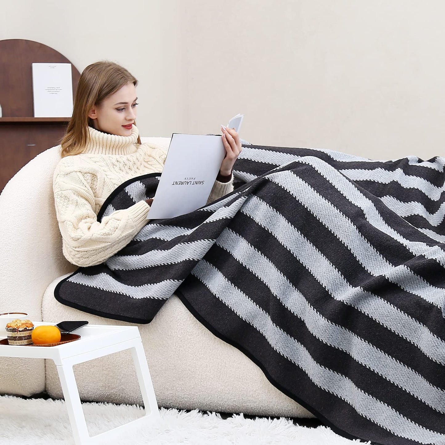 PuTian Merino Wool Blanket - 63" x 51" Thick Warm Soft Twin Bed Throw - Great for Camping, Outdoors, Travel, Car, Couch, All Seasons Grey Stripe