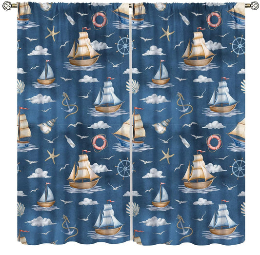Watercolor Nautical Curtain, Cute Vintage Classic Blue Ocean Sailboat Floating Bottle Print Decor Rod Pocket Window Drapes, for Bedroom Living Room Kitchen 42" W X 45" L
