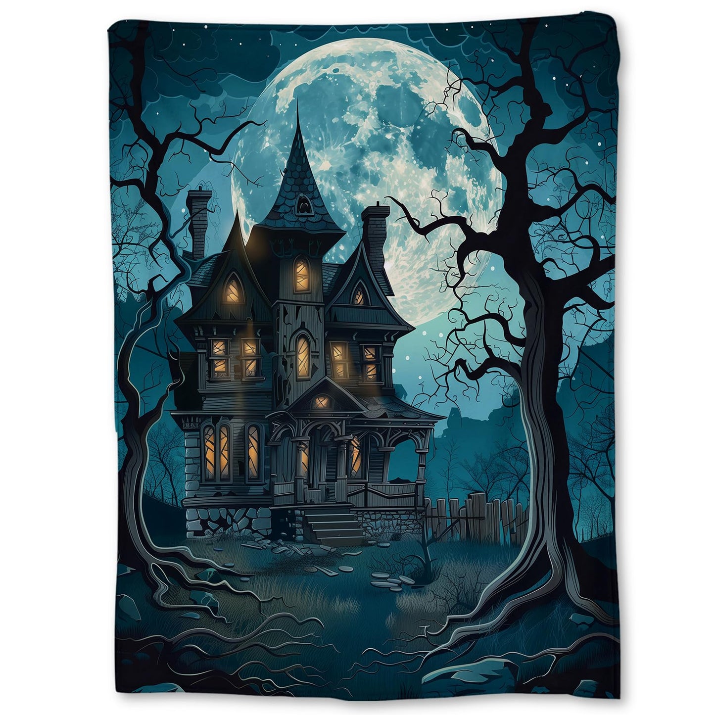 Ti Caldi Spooky Haunted House and Full Moon Blanket | Soft Warm Fuzzy Lightweight Flannel Throw Blanket for Couch, Bed, Decor, Travel & Outdoor Use, Cozy Blankets for Adults Women Men 60×50 in