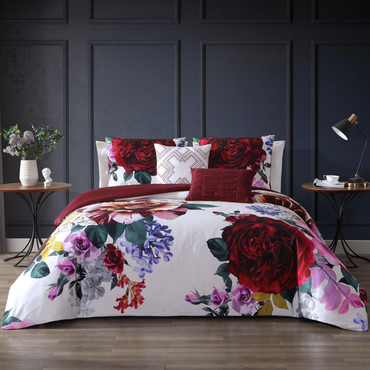 Bebejan Magenta Floral 5 Piece Comforter Set, 100% Cotton Sateen, 220 Thread Count, Red Reversible Bedding Comforter Set, 1 Comforter, 2 Shams & 2 Pillows (King/Cal King)