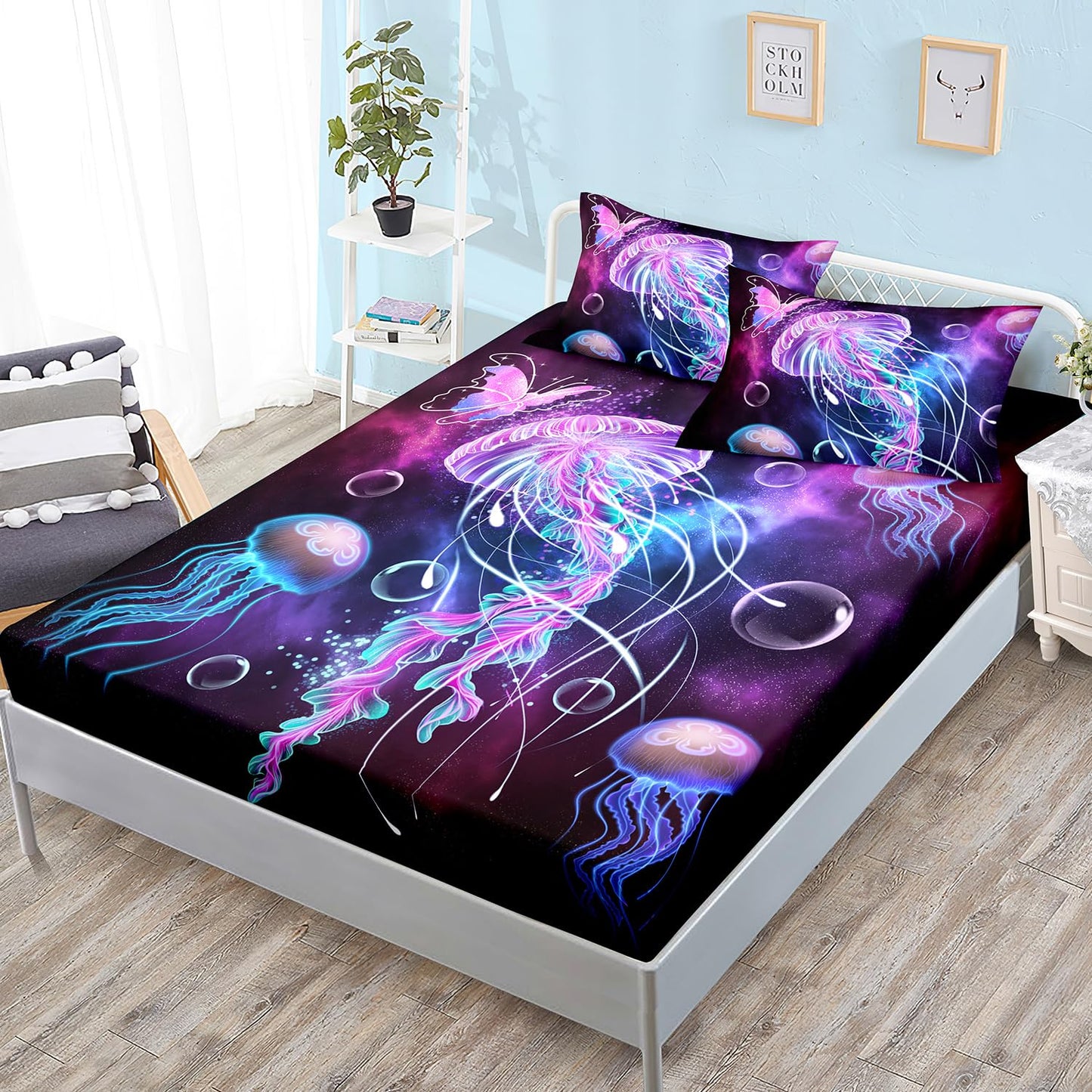 HOSIMA Jellyfish Printed Fitted Sheet Ocean Beach Theme Bedding Set 3 Piece,Universe Starry Sky Twin Bed in a Bag Set for Adults Kids Galaxy Bedding Room Decor Butterfly Bed Set.